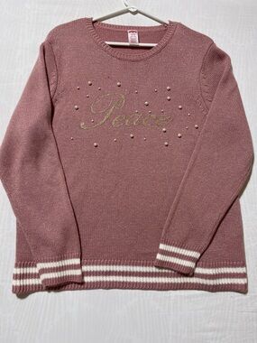 Holiday Time Pink “Peace” Sweater Pearl Beaded Metallic Knit Size XL
